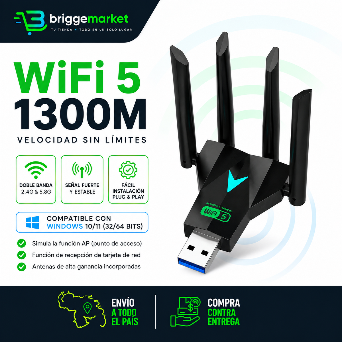 Adaptador USB WiFi Dual Band AC1300 Mbps